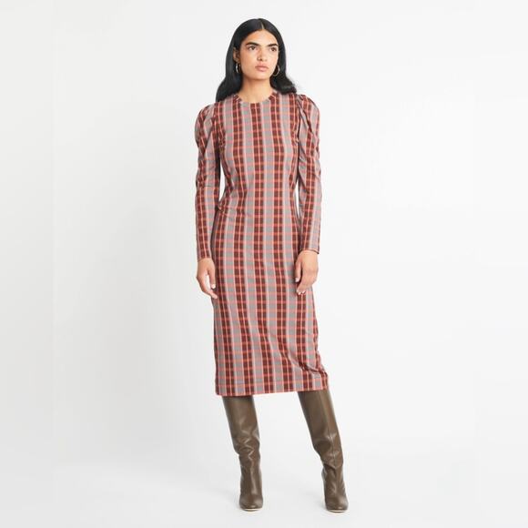 Tanya Taylor Nancy Midi Dress Dark Caramel/Rose Quartz Puff Long Sleeve Med NEW - Picture 5 of 9